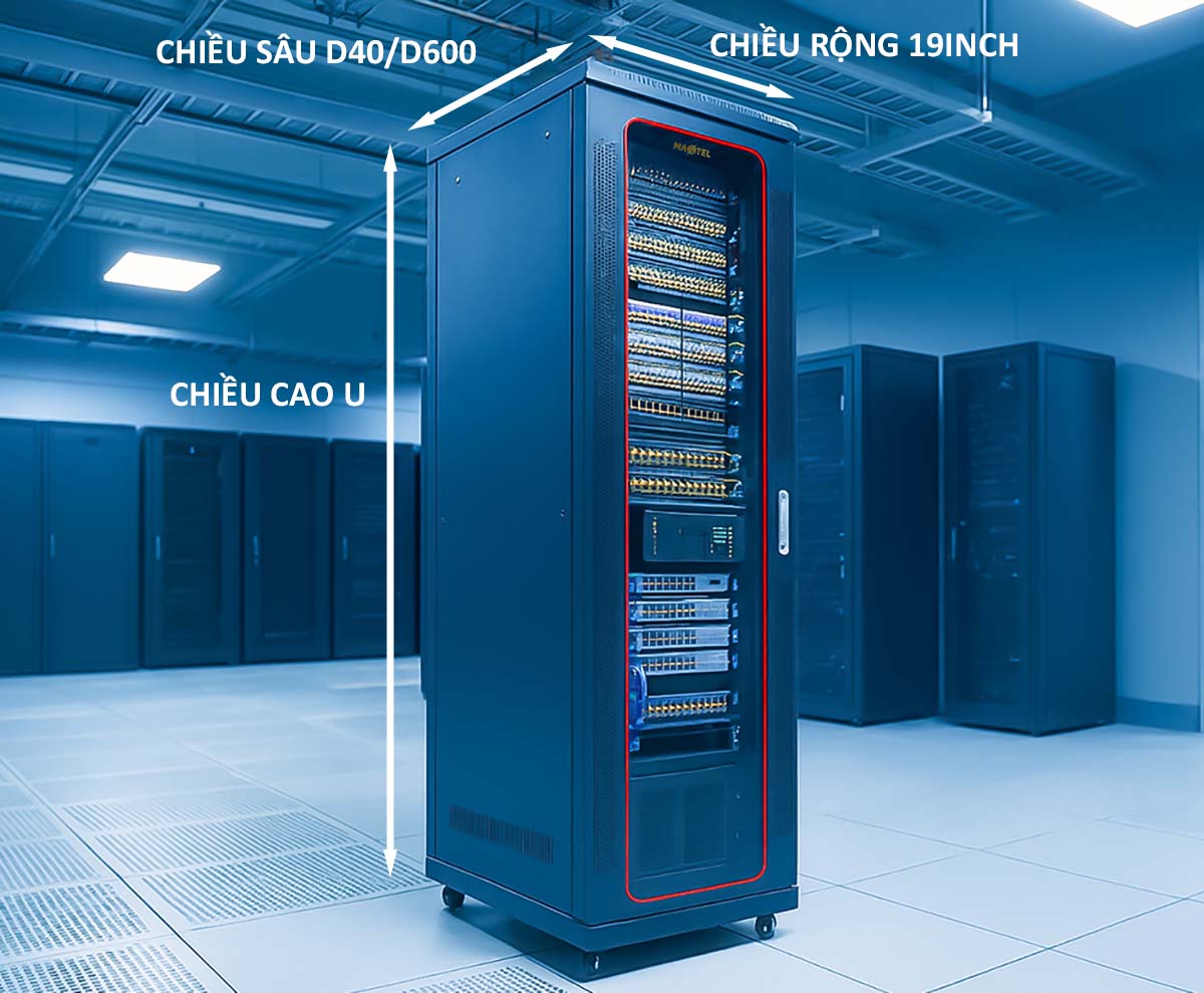 Một tủ Rack gồm 3 chỉ số kích thước cần phải biết gồm chiều rộng chiều cao và chiều sâu.