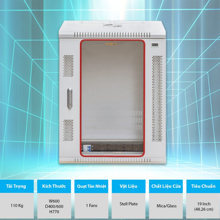 Tủ Rack Treo Tường 15U D600 mặt kính mica, tải trọng lớn
