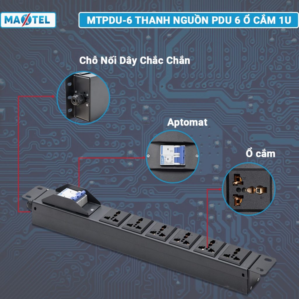 Thiết kế thông minh thanh nguồn PDU Maxtel 6 ổ cắm có át