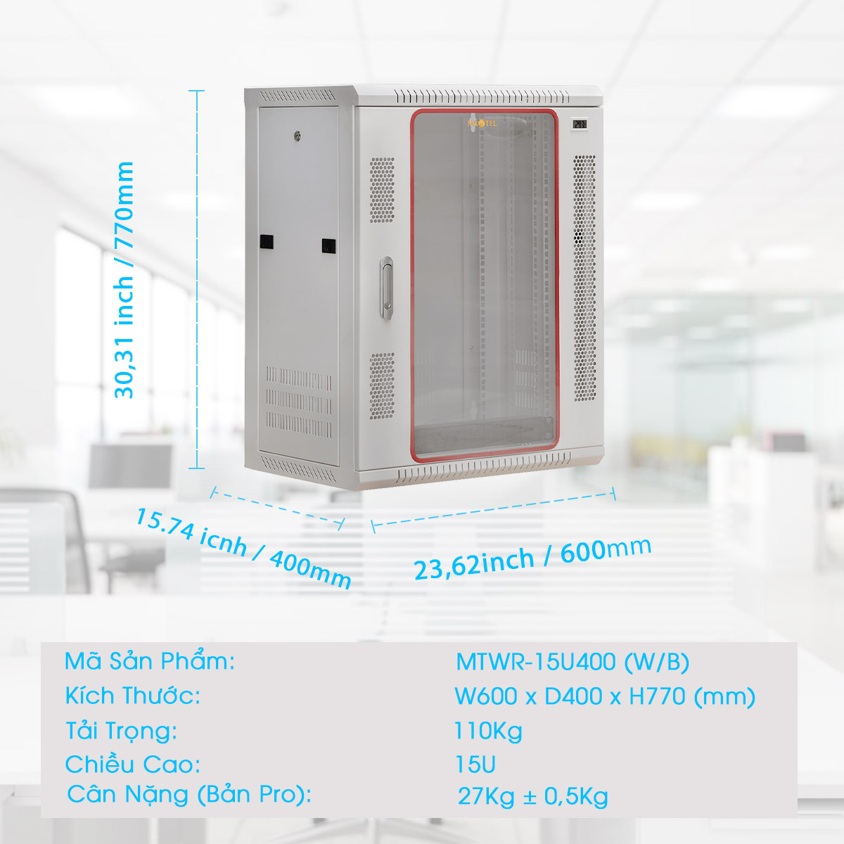 Kích thước tủ rack 15UD400 Maxtel