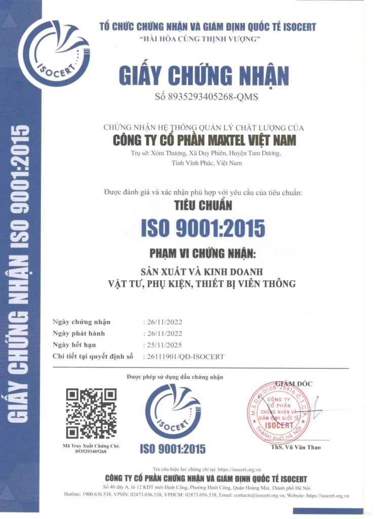 giấy chứng nhận iso 9001 2015 cấp cho maxtel