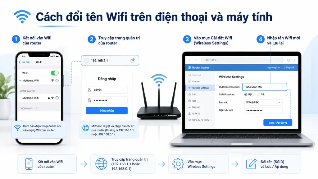 Cách đổi tên wifi trên điện thoại và máy tính