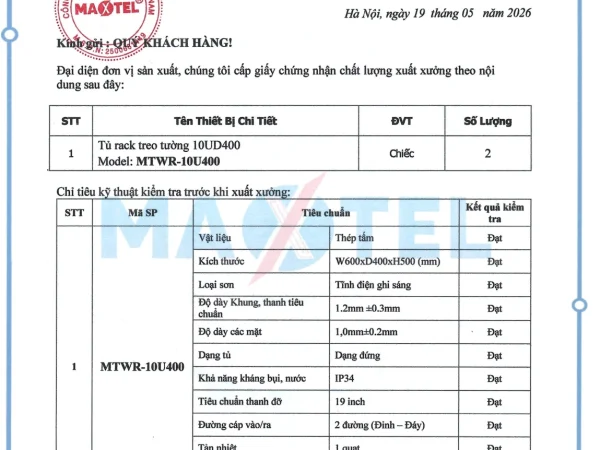 Chứng nhận chất lượng xuất xưởng Tủ Rack