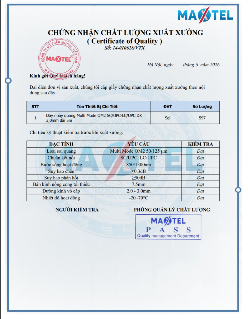 chứng nhận chất lượng xuất xưởng dây nhảy quang maxtel