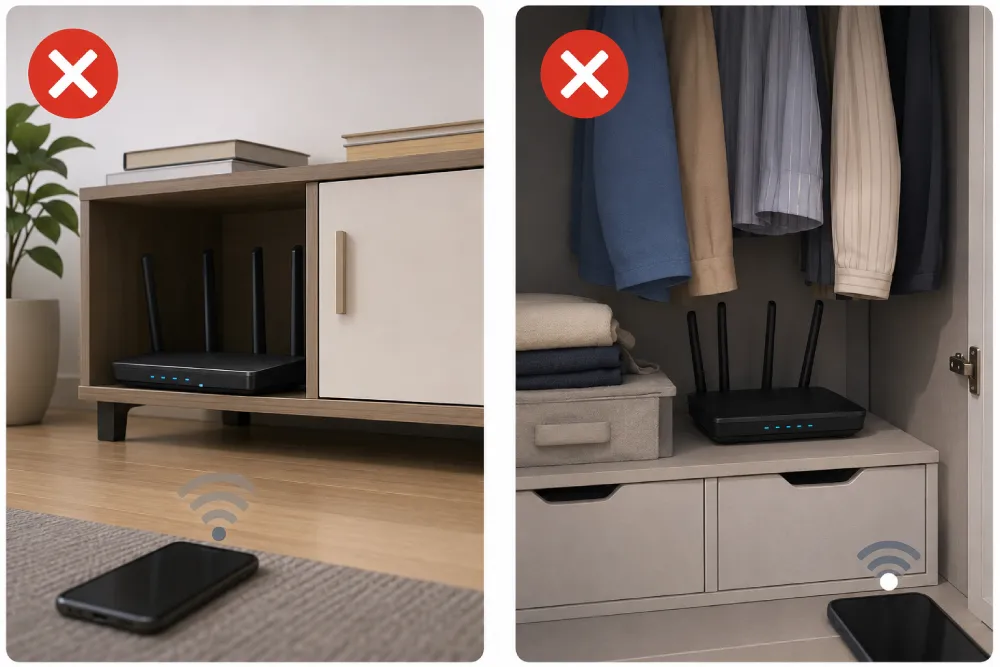 không nên để router wifi quá thấp hoặc bị che kín